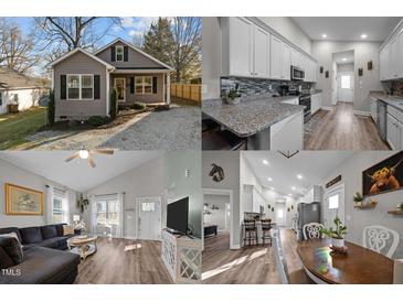 Charming home featuring gravel driveway, neutral siding, and black shutters against mature trees at 310 Chub Lake St, Roxboro, NC 27573