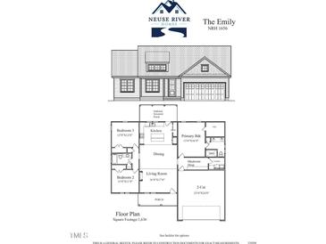 Detailed floor plan showcasing the layout of The Emily model with kitchen, living room, and primary bedroom at 608 Tuscany Cir, Princeton, NC 27569