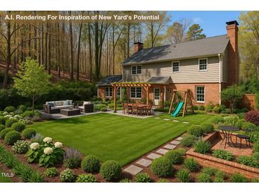 An expansive backyard featuring a lush lawn, a patio with outdoor seating, and a charming swing set at 609 Brookview Dr, Chapel Hill, NC 27514