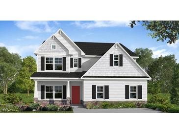 Charming two-story home featuring black shutters, a red front door, and classic architectural design at 262 Cardovia Way, Wendell, NC 27591