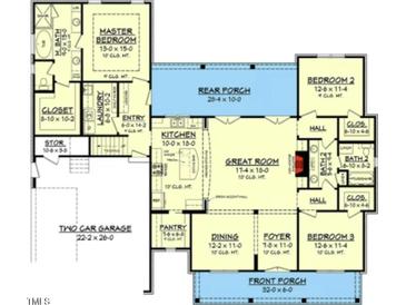 This layout showcases a spacious Primary bedroom, great room, kitchen, and a two-car garage at Lot 10H Good Shepherd Trl, Spring Hope, NC 27882