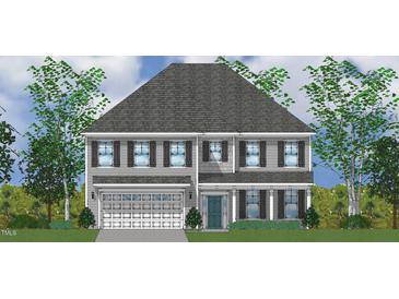 New construction home featuring a gray facade, shutters, an attached garage, and landscaping at 323 Augusta Pond Way # 171, Raleigh, NC 27603