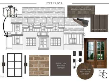 Exterior elevation showing weathered wood shingles, bronze metal roof, brick and black trim at 5107 Hearth Dr, Raleigh, NC 27609