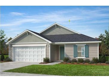 Charming single-story home featuring neutral siding, black roof, two-car garage, and professionally landscaped yard at 100 Chestnut Oak Ln, Lillington, NC 27546