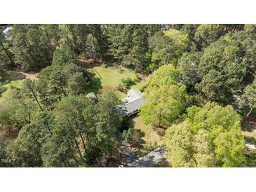 Aerial view of a home nestled among lush trees with a well-maintained yard at 310 Edward Ln, Louisburg, NC 27549