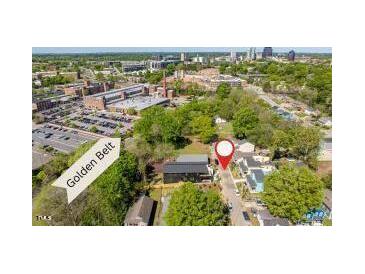 Aerial view of the property location near the Golden Belt arts and entertainment district in downtown at 732 Hopkins St, Durham, NC 27701