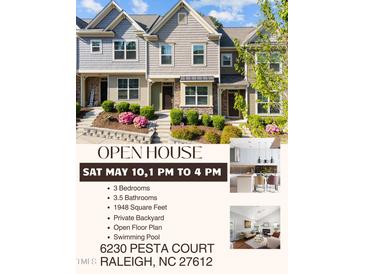 Charming townhomes feature manicured landscaping and inviting entrances for an open house event at 6230 Pesta Ct, Raleigh, NC 27612