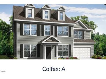 Charming two-story home with gray siding, black shutters, dormer windows, and an attached garage at 000 Olivia Pope Way, Efland, NC 27243