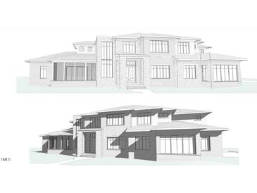 Two story home architectural rendering featuring large windows, stone accents, and a unique roofline at 164 Blufftonwood Dr # 35, Pittsboro, NC 27312