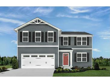 Charming two-story home featuring gray siding, black shutters, white trim, a red front door, and a two-car garage at 111 N Coral Bells Way Way, Four Oaks, NC 27524