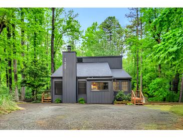 Modern style home with a gray exterior nestled among mature trees at 121 Ladybug Ln, Chapel Hill, NC 27516