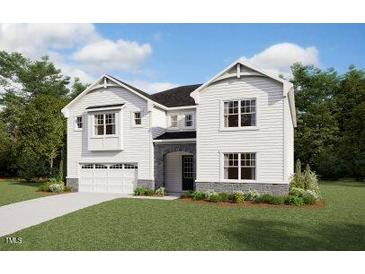 New construction two-story home with white siding, black roof, manicured lawn, and attached two-car garage at 179 Yellow River Way, Garner, NC 27529