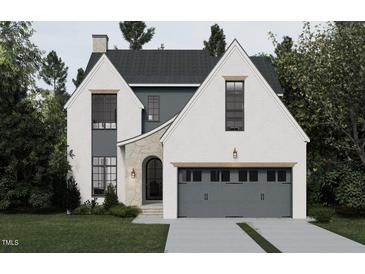 Charming two-story home featuring a gray garage door, gray accents, and stone details surrounding a large arched doorway at 109 Edenburgh Rd, Raleigh, NC 27608
