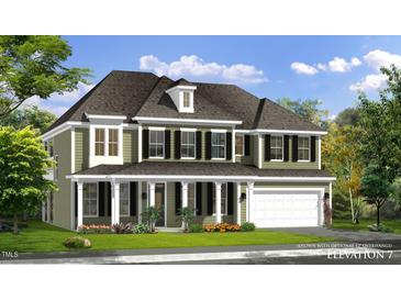 Charming two-story home with covered front porch, green lawn, black shutters and attached two car garage at 3415 Great Smoky Pl, Lillington, NC 27546