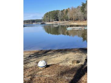 Beautiful lake view with docks, clear blue water, and a wooded shoreline on a sunny day at 420 Spring Ln, Henderson, NC 27537