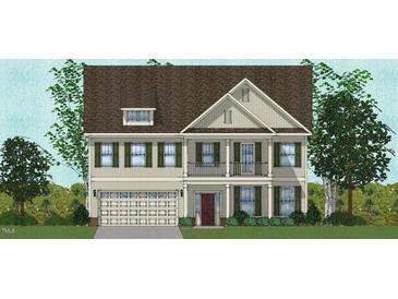 Charming two-story home with a covered front porch, balcony, attached garage, and manicured landscaping at 25 Guardian St, Youngsville, NC 27596