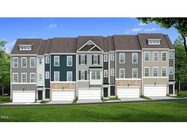 Charming townhome exterior showcasing multiple units, each with unique color schemes and stone accents on the lower level at 5906 Dunzo Dr, Raleigh, NC 27617