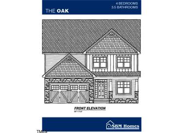 Detailed front elevation of The Oak floor plan featuring a two-car garage and covered front entry at 188 Landon Ridge, Sanford, NC 27330