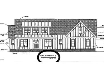 Detailed exterior elevation featuring vertical siding, brick base, and symmetrically arranged windows, showcasing classic architectural design at 11108 Patina Ln, Wendell, NC 27591