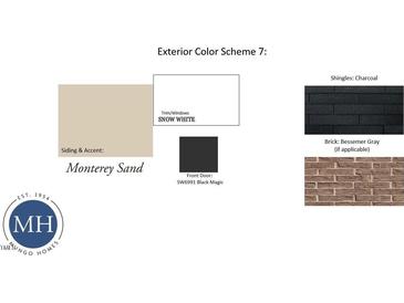 Exterior color scheme featuring Monterey Sand siding, Snow White trim, black door, charcoal shingles, and Bessemer Gray brick at 364 Chesapeak Commons St # 133, Garner, NC 27529