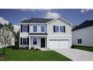 Charming two-story home featuring a gray exterior, black shutters, and a two-car garage at 315 Alice Trace Place, Angier, NC 27501