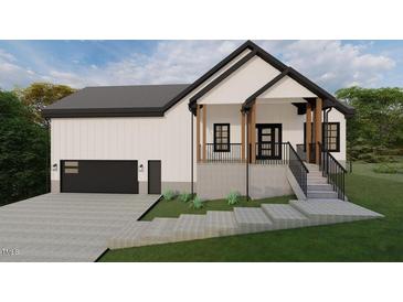 Charming two-story home featuring a covered porch, black trim, and a convenient attached garage at 101 Cochise Cv, Louisburg, NC 27549
