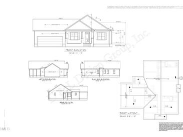 An elevation blueprint featuring a two-story home with a garage and covered porch, as well as roof layout at 13159 S Nc-231 Hwy, Middlesex, NC 27557