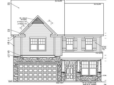Detailed architectural rendering showing the front elevation with a brick-stone base and traditional trim at 1036 Channel Drop Lp, Zebulon, NC 27597