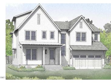 Illustration of a charming two-story home with a covered porch and a two-car garage, surrounded by lush greenery at 1807 Ridley St, Raleigh, NC 27608