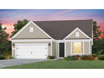 Charming single-Gathering home featuring a two-car garage, beautiful landscaping, and a cozy front porch at 1825 Angelonia Way, Fuquay Varina, NC 27526