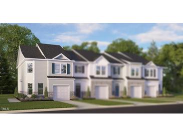 New two-story home features a single-car garage, light siding and black roof in a community setting at 1917 Hinesley Dr, Durham, NC 27703