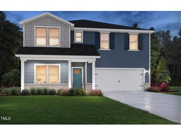 Two story home with blue siding, a gray accent wall, covered porch, and a two car garage at 698 White Birch Ln, Angier, NC 27501