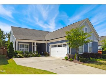 Charming home featuring blue siding, a two-car garage, manicured landscaping, and a well-maintained front yard at 3309 Turner Ridge Dr, New Hill, NC 27562