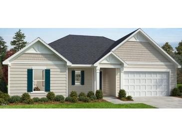 Charming single-story home featuring a two-car garage, neutral siding, and dark shutters at 71 Brodhead Dr, Fuquay Varina, NC 27526