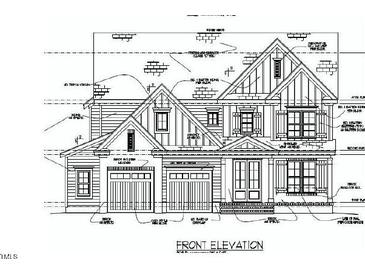 Detailed front elevation blueprint showcasing a charming home design with a two-car garage and classic architectural details at 249 Deer Tail Ln # 45, Fuquay Varina, NC 27526