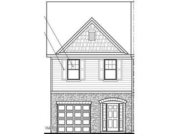 Front exterior elevation showing brick base, garage, and front door of this new home design at 671 Leland Hill Circle, Zebulon, NC 27597