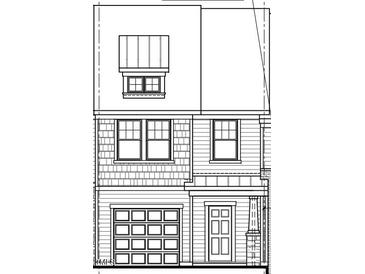 A detailed black and white rendering of a charming two-story home with a garage and inviting front porch at 673 Leland Hill Circle, Zebulon, NC 27597