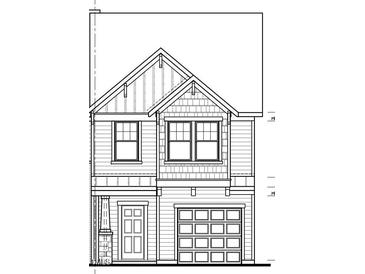 Detailed architectural drawing of a two-story home featuring a covered front entry and attached garage at 677 Leland Hill Circle, Zebulon, NC 27597