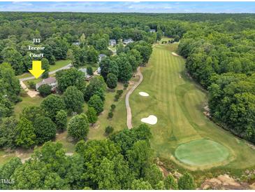 Stunning aerial view of home with a golf course in a lush green neighborhood at 113 Feezor Ct, Clayton, NC 27527