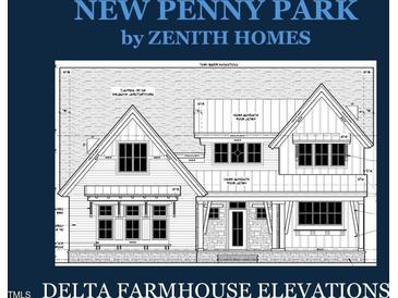 Detailed architectural drawing of a two-story farmhouse-style home with gabled roof and multiple windows at 8012 Penny Rd, Raleigh, NC 27606