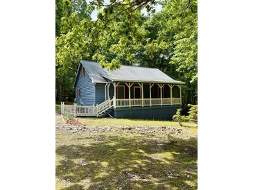 Charming blue cabin featuring a spacious porch with a white railing and situated on a lush, wooded lot at 225 Meadow Dr, Henderson, NC 27537