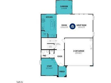 Detailed floor plan showcasing the layout of the first floor, including kitchen, great room, and garage at 184 Sargents St, Garner, NC 27529