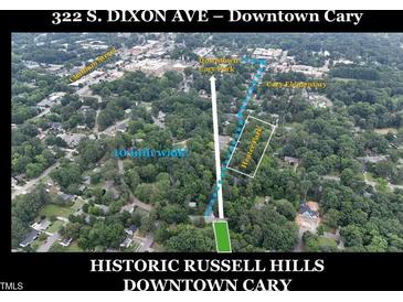 Aerial view of property with close proximity to Downtown Cary Park and Cary Elementary School at 322 S Dixon Ave, Cary, NC 27511