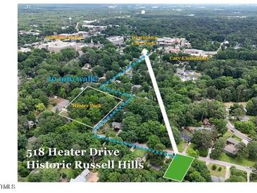 Fantastic aerial view showcases the home's proximity to Heater Park and downtown Cary with a quick 10-minute walk at 518 Heater Dr, Cary, NC 27511