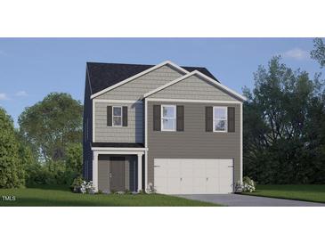 Two-story home with gray siding, a covered entryway, and an attached two-car garage at 218 Palomino Way, Clayton, NC 27520