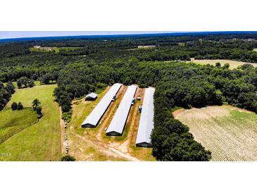 Aerial view of a property featuring several agricultural buildings surrounded by lush greenery at 2642 Holly Springs Church Rd, Broadway, NC 27505