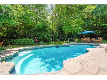 Inviting in-ground pool surrounded by lush greenery and stone patio perfect for outdoor relaxation and entertainment at 7401 Heartland Dr, Wake Forest, NC 27587