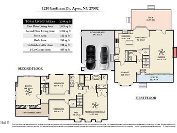 Detailed floor plan showcasing the layout of the home, including room dimensions and overall square footage at 1210 Eastham Dr, Apex, NC 27502