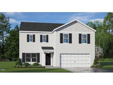 Charming two-story home with black shutters, a gray roof, a two-car garage, and manicured landscaping at 100 Reagan Crest Dr, Clayton, NC 27520