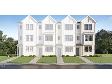Rendering of the exterior of white townhomes with a grey door and a sidewalk leading to the entrance at 1532 Crescent Townes Way, Raleigh, NC 27604